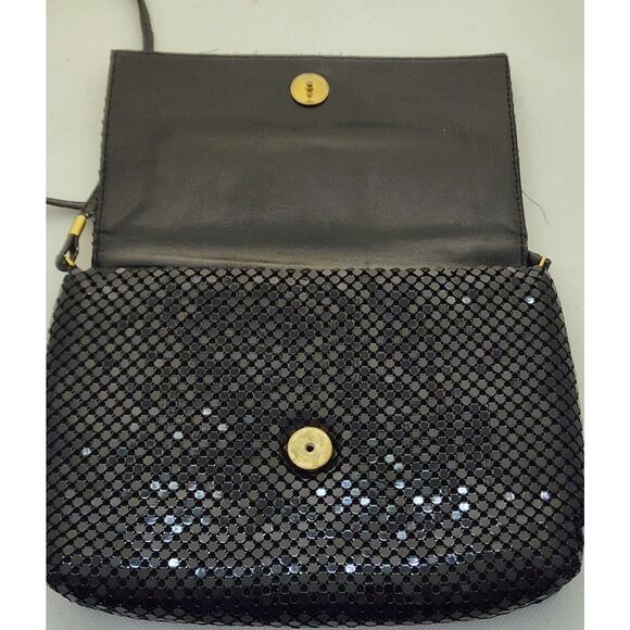 PURSE-HANDBAG-CLUTCH-Black Mesh-Shoulder Strap-Snap Closure-Shiny - Picture 5 of 11